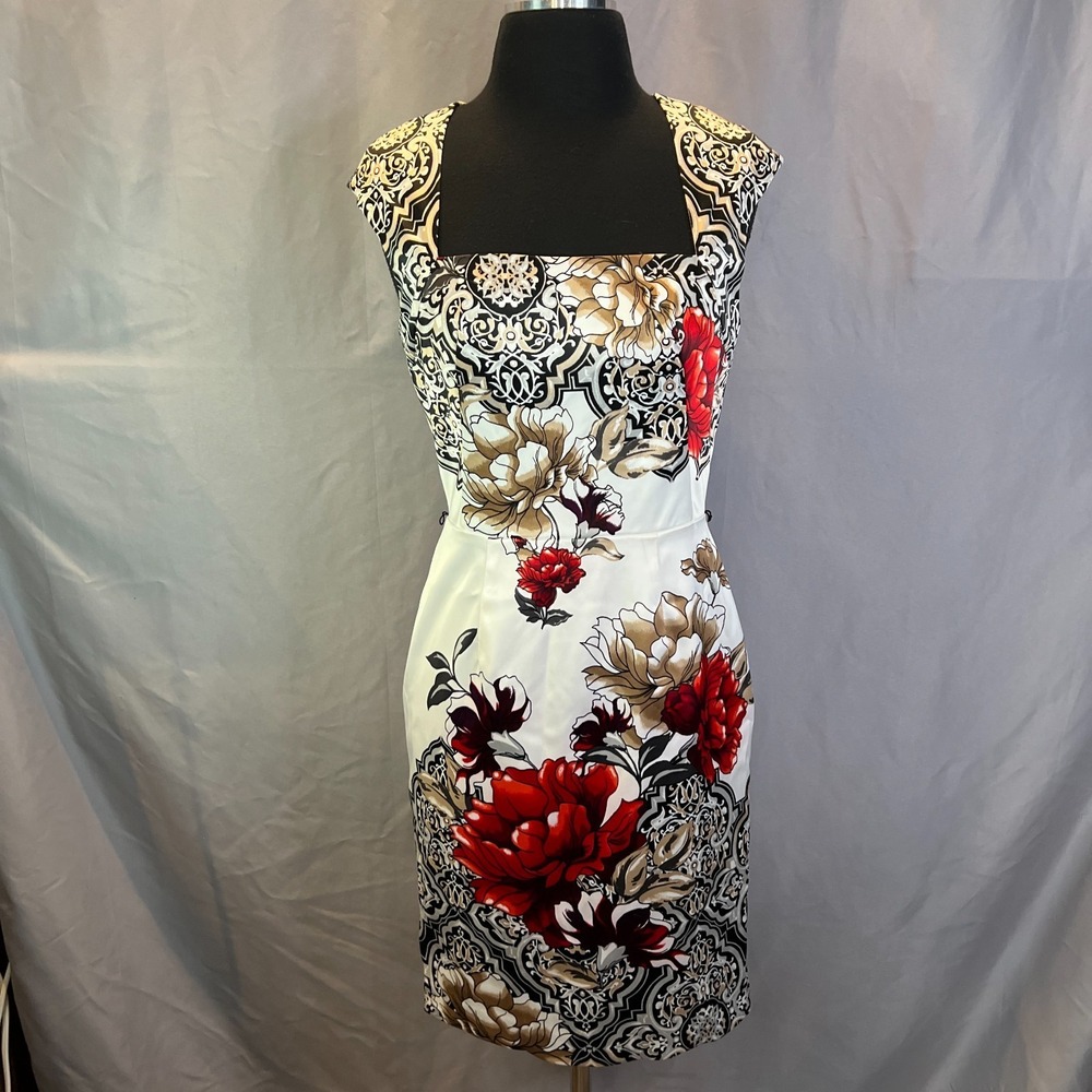 White House Black Market White, Black & Red Floral Sheath Dress